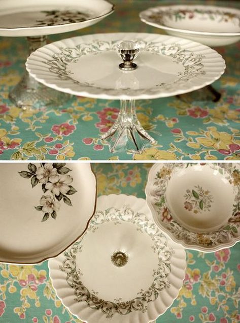 Repurpose Old China Dishes, Upcycled Antiques, Homemade Cake Stands, Candlestick Crafts, Dessert Stands, Bolo Vintage, Diy Cake Stand, Glassware Crafts, Cake And Cupcake Stand