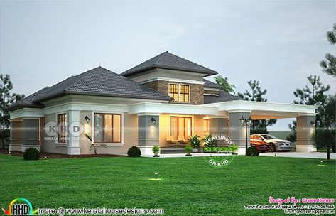 Elegant sloping roof bungalow design 2990 sq-ft Kerala Home Design, Modern Bungalow House Plans, Modern Bungalow House Design, Sloping Roof, Kerala Home, Bungalow Style House, One Storey House, Kerala House, Bungalow Style House Plans