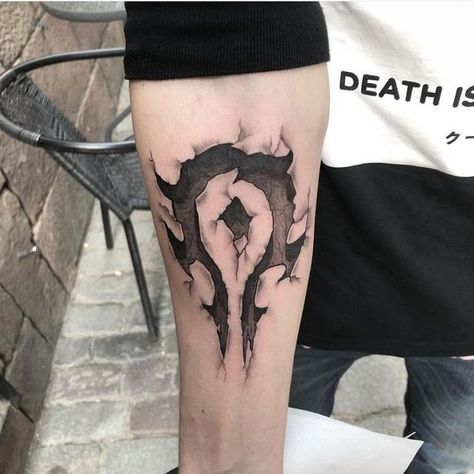 30 World of Warcraft Tattoos - The Body is a Canvas #WorldOfWarcraft #WoW #tattoos #tattooideas World Of Warcraft Tattoo, Horde Tattoo, Warrior Symbol Tattoo, Warcraft Tattoo, Change Tattoo, Hunter Tattoo, Nerd Tattoo, Gaming Tattoo, Symbol Tattoos