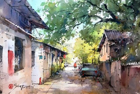 Guo Kim Seung Watercolor Scenery, Watercolor Art Landscape, Watercolor Paintings Nature, Watercolour Landscape, Watercolor Architecture, Oil Pastel Paintings, Watercolor Pictures, Watercolour Inspiration, Watercolor Paintings Easy