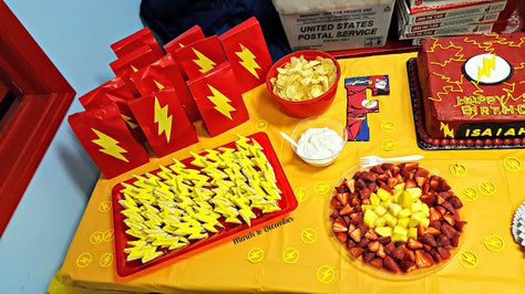 The Flash Inspired Birthday Party Flash Birthday Party Food Ideas, The Flash Themed Birthday Party, Flash Themed Birthday Party, The Flash Party Ideas, The Flash Birthday Party Ideas, Flash Birthday Party Ideas, Jake Picture, The Flash Birthday Party, Flash Birthday Party