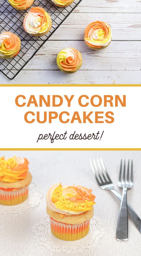 Candy Corn Cupcakes Recipe - 3 Boys and a Dog Cornbread Cupcakes, Smores Cupcake Recipe, Bacon Cupcakes Recipe, Soda Cupcakes, Candy Corn Sugar Cookies, Candy Corn Recipe, Cupcakes From Scratch, Corn Cupcakes, Candy Corn Cupcakes