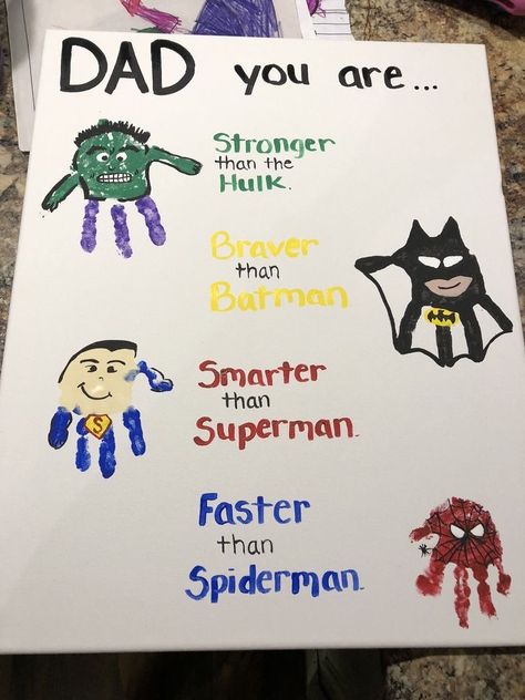 Superhero Infant Craft, Fathers Day Gifts Ideas With Pictures, Fathers Day Gift Ideas For Preschoolers, Superhero Handprint Craft, Easy Fathers Day Gifts Diy, Fathers Day Gifts Handprints, Fathers Day Crafts Superhero, Dad Fathers Day Gifts Diy Crafts, Superhero Dad Craft