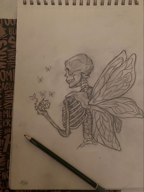 Skeleton Fairy, Skeleton Butterfly, 3d Pencil Drawings, Butterfly Sketch, Aesthetic Drawings, Armband Tattoos, Skeleton Drawings, Fairy Drawings, Cool Pencil Drawings