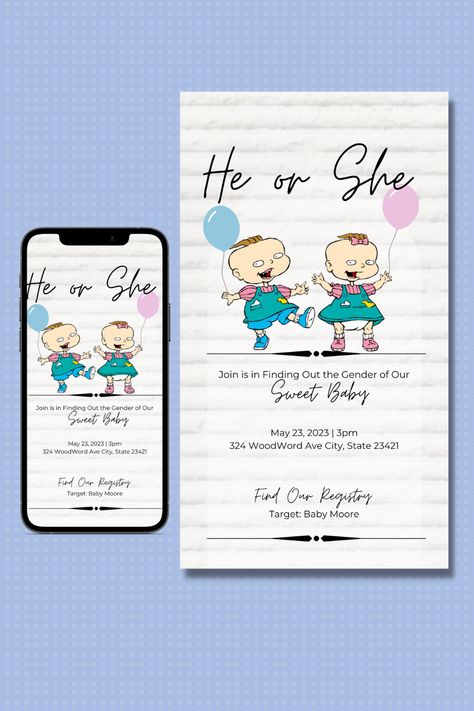 perfect gender reveal phil and lil from rugrats Phil Or Lil Rugrats Gender Reveal, Phil And Lil Gender Reveal, Phil Or Lil Gender Reveal, Rugrats Gender Reveal, Phil And Lil Rugrats, Gender Reveal Template, Gender Reveal Party Theme, Gender Reveal Themes, Gender Reveal Decorations