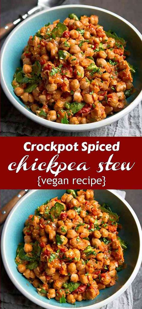 This is one of the best vegan slow cooker recipes I've had! Chickpeas spiced with coriander and ginger in a tomato sauce. 295 calories and 1 Weight Watchers SP | Vegetarian | Crockpot | Mediterranean | Easy | Dinner | Healthy | Spinach Slow Cooker Chickpea Recipes, Chickpea Crockpot Recipes, Crockpot Chickpea Recipes, Crockpot Chickpeas, Crockpot Vegetarian Recipes, Chickpea Stew Vegan, Easy Dinner Healthy, Stew Vegan, Vegan Slow Cooker Recipes