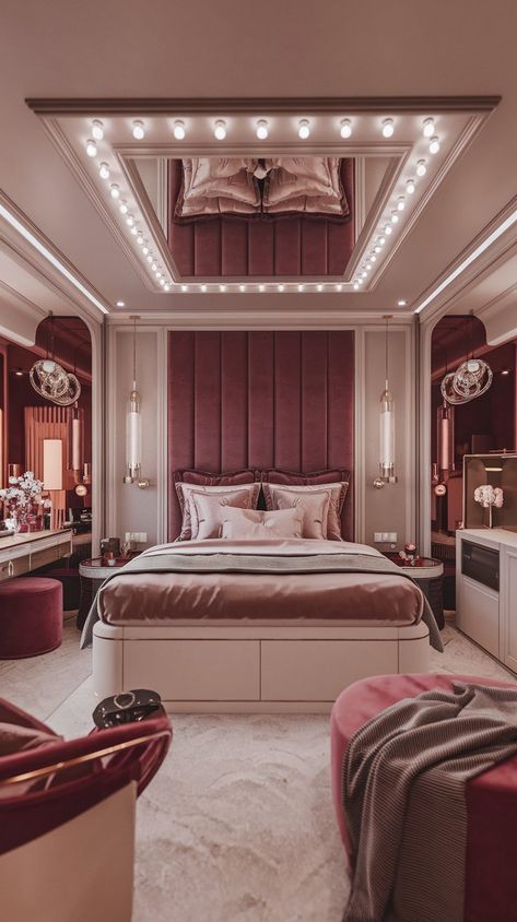 Experience timeless elegance with this luxurious bedroom that marries deep burgundy with soft beige. Rich burgundy walls contrast beautifully with mirrors that amplify the space, while LED lights provide a warm, inviting glow. Plush bedding and carefully curated decor make this space a perfect blend of comfort and sophistication, ideal for any discerning homeowner. 🔥🌟 #ClassicLuxury #FallHomeDecore Burgundy And Beige, Burgundy Walls, Plush Bedding, Curated Decor, Luxurious Bedroom, Rich Burgundy, Soft Beige, Deep Burgundy, Home Decor Inspiration