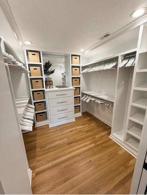 Custom Built Walk In Closet, Separate Master Closets, Walk In Closet Ideas Large, Basic Master Closet, Walk In Wardrobe U Shape, Master Closet Flooring Ideas, Shared Master Closet Design, Office Closet Combo Ideas, Master Closet Drawers Built Ins