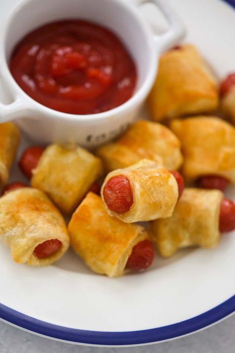 Air Fryer Pigs in a Blanket (w/ Puff Pastry) - Cooked by Julie Puff Pastry Pigs In A Blanket Recipe, Pigs In A Blanket Recipe Puff Pastry, Shrimp Kabobs Air Fryer, Kabobs Air Fryer, Phyllo Dough Pigs In A Blanket, Cresent Roll Smokies Pigs In A Blanket, Conecuh Sausage Pigs In A Blanket, Shrimp Kabobs, Pastry Cook