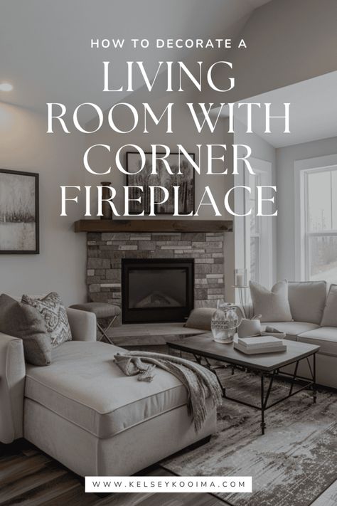 How to Avoid an Awkward Living Room with a Corner Fireplace - Kelsey Kooima Living Room With A Corner Fireplace, Room Layout With Corner Fireplace, Corner Tv Living Room Layout, Living Room With Corner Fireplace, Room With Corner Fireplace, Awkward Living Room, Corner Fireplace Furniture Arrangement, Corner Fireplace Makeover, Alaska Living