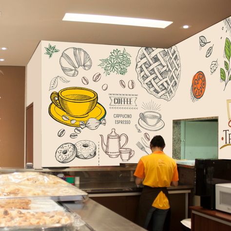 Cafeteria Wall Design, Cafe Mural Ideas, Bakery Mural, Simple Wall Paintings, Mural Cafe, Coffee House Design, Wall Drawings, Bakery Design Interior, Interior Murals