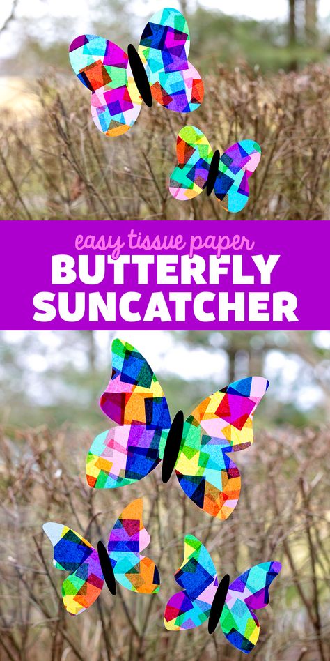 Tissue Paper Butterfly Suncatchers on a Window Butterfly Sun Catcher Craft, Contact Paper Butterfly, Contact Paper Tissue Paper Craft, New Beginnings Crafts For Kids, Bugs And Butterflies Crafts, Butterfly Tissue Paper Craft, Tissue Paper Butterfly Craft, Spring Suncatchers For Kids, Kids Tissue Paper Crafts