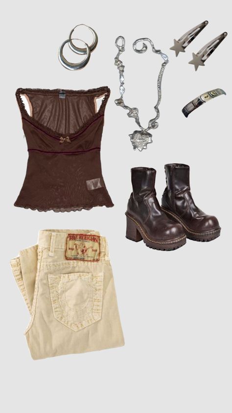 SPRING OUTFIT INSPO #fashion #tanktop #jeans #brown #brownaesthetic #taylorswift #harrystyles #stars #SILVER#pretty Brown Spring Outfits, Brown And Silver Outfit, Brown Tank Outfit, Brown Outfit Summer, Brown Top Outfit, Brown Jeans Outfit, Thrifted Fashion, Mode Hippie, Downtown Outfits