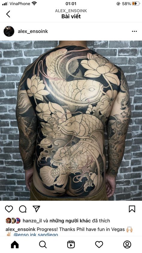 Chest And Back Tattoo, Full Back Tattoos, Koi Tattoo, Koi Fish Tattoo, Fish Tattoo, Japanese Tattoo, Black And Grey Tattoos, Koi Fish, Back Tattoo