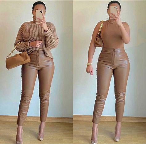 Tan Leather Pants Outfit Fall, Khaki Leather Pants Outfit, Fitted Brown Leather Pants For Fall, Brown Bodysuit Outfit Jeans, Casual Brown Faux Leather Pants, Fitted Brown Faux Leather Pants, Elegant High-waisted Brown Leather Pants, High-waisted Brown Leather Pants, Winter Pants Outfit