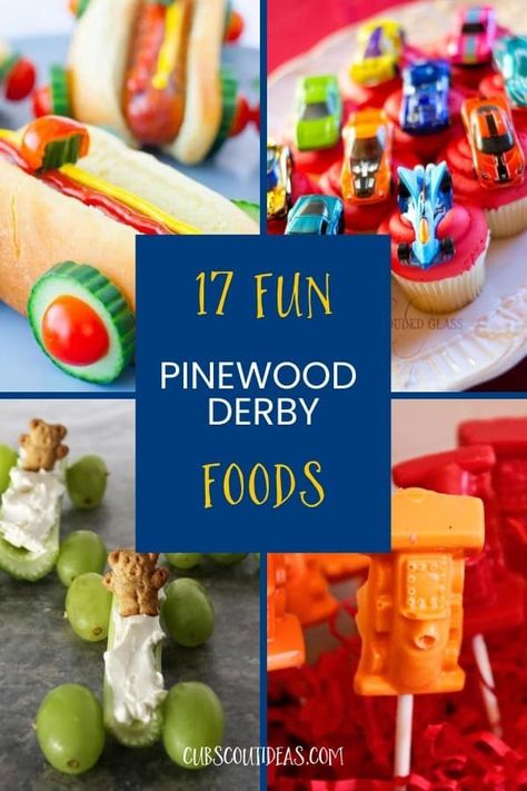 Best Pinewood Derby food ideas.  Check out these 17 Pinewood Derby food ideas for kids! Made with everything from candy bars, rice krispies treats, and teddy grahams to fruit, celery, and peanut butter, your Cub Scouts will love them. Serving fun food will turn your Pinewood Derby into a cool party for the entire family.  pinewood derby refreshments. #PinewoodDerby #CubScouts #CubScout #Scouting #Webelos #ArrowOfLight #CubScoutIdeas Cub Scout Dessert Ideas, Pinewood Derby Food Ideas, Pinewood Derby Activities, Pinewood Derby Decorations, Derby Food Ideas, Lion Scouts, Kids Food Ideas, Pinewood Derby Car Ideas, Derby Food