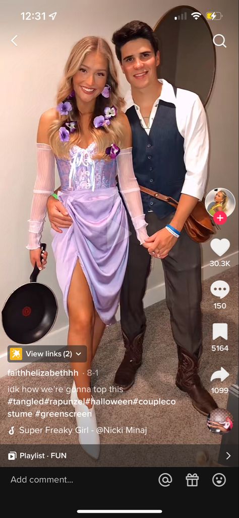 Tangles Halloween Costume, Rapunzel Couple Costume, Halloween Costumes Rapunzel, Costumes For Couples Funny, Rapunzel Costume Women, Rapunzel Inspired Outfit, Rapunzel Halloween, Rapunzel Halloween Costume, Disney Fancy Dress