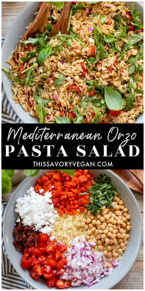 Orzo Chickpea Salad, Mediterranean Orzo Pasta, Mediterranean Orzo Pasta Salad, Party Salad, Vegan Chickpea Recipes, Mediterranean Orzo, Mediterranean Pasta Salads, Vegan Summer Recipes, Orzo Pasta Salad