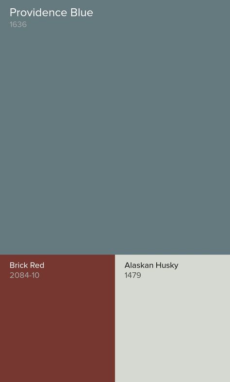 Benjamin Moore Providence Blue Color Scheme-Alaskan Husky and Brick Red Exterior Paint Colors For House With Red Roof Colour Schemes, Benjamin Moore Brick Red, Red Paint Combinations, Blue House Red Trim, Farmhouse Red Paint Colors Interior, Brick Red And Blue Color Palette, Red Brick Color Palette Interior, Red White And Blue House Exterior, Brick Red Living Room