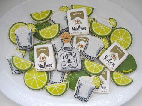 photo Patron Cookies Decorated, Lime Cookies Decorated, 21 Sugar Cookies, Tequila Cookies Decorated, Patron Birthday Party Ideas, Patron Cookies, Tequila Cookies, 818 Birthday, Alcohol Cookies