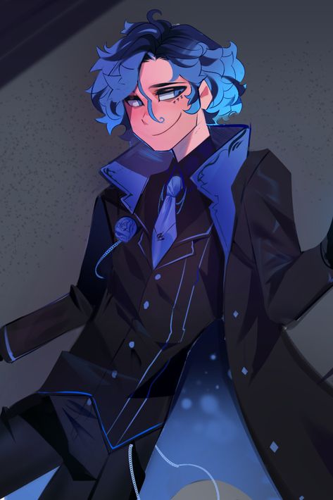 Blue Hair Male Character Design, Blue Fire Hair, Blue Hair Oc Male, Blue Hair Oc, Galaxy Oc, Boy Drawing, Dnd Art, Character Design Male, Cool Anime Pictures