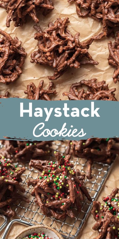 Haystack cookies are an easy no-bake treat that require just three ingredients! Top them with any color of sprinkles you like to suit all seasons and holidays. Christmas Haystacks, Haystack Cookies, Butterscotch Chips, Baked Chips, Christmas Food Desserts, Delicious Cookie Recipes, Peanut Butter Chips, Milk Chocolate Chips, Easy Cookie Recipes