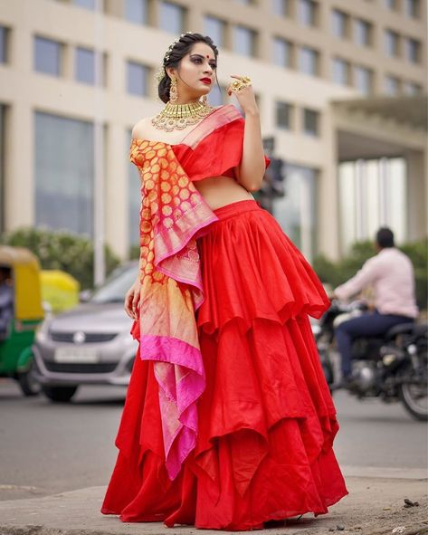 An unusual Benarasi draped dupatta with off-shoulder overlapping blouse *So damn beautiful*  #brides #brideto #jewelry #hairstyles #saree Tassel Outfit, Western Gown, Ballroom Costumes, Best Blouse Designs, Backless Blouse Designs, Indian Bride Outfits, Lehenga Blouse Designs, Indian Party, Embroidered Blouse Designs