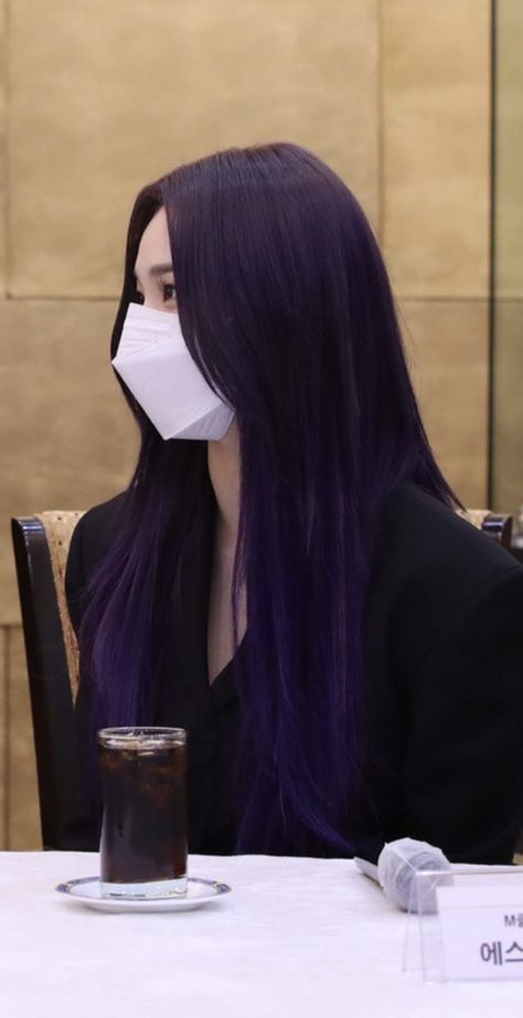 Dark Purple Hair On Black Hair, Karina Violet Hair, Dark Purple Straight Hair, Classy Purple Hair, Pelo Morado Aesthetic, Tinted Black Hair, Cool Toned Purple Hair, Dark Hair With Purple Tint, Cool Tone Purple Hair