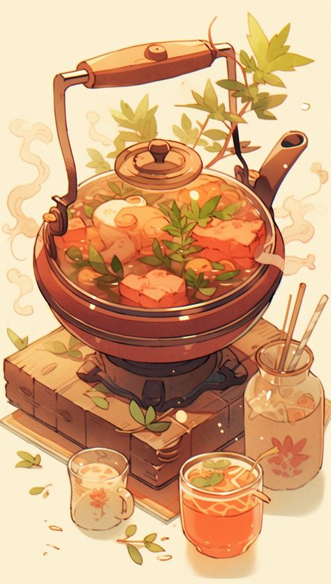 Cozy Food Illustration, Tea Cute Drawing, Cozy Art Aesthetic, Tea Art Illustration, Anime Food Art Aesthetic, Fantasy Food Art, Aesthetic Teapot, Teapot Aesthetic, Anime Kitchen