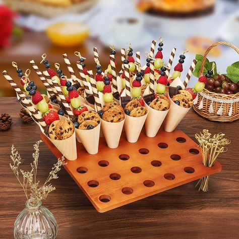 Ice Cream Cone Charcuterie, Ice Cream Cone Appetizers, Cone Holder Stand, Fruit Cones Party Ideas, Food Cones Ideas, Cone Appetizer Ideas, Food In Cones, Food Cones, Noodle Packaging