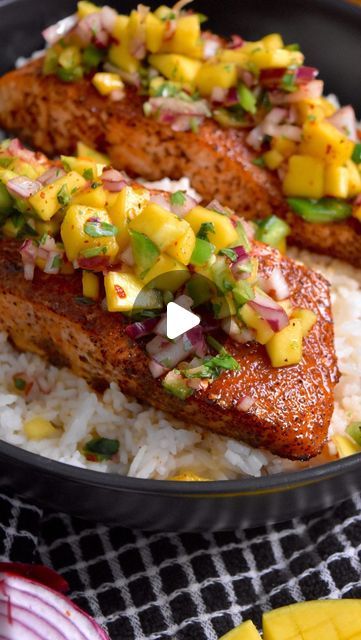 Sauced Up! on Instagram: "Mango 🤝 Salmon This fun weeknight dinner is a fun one! Enjoy sweet and spicy mango lime salsa over perfectly cooked seasoned salmon! This is a delicious and easy dinner so you don’t have to stress! Full recipe on my website! https://saucedupfoods.com/the-best-sweet-and-spicy-mango-lime-salmon/" Mango Sauce For Salmon, Mango Salmon Recipes, Salmon And Mango Salsa, Salmon Mango Salsa, Salmon Ideas, Salmon Recipe Videos, Salmon With Mango Salsa, Spicy Mayo Recipe, Mango Salmon