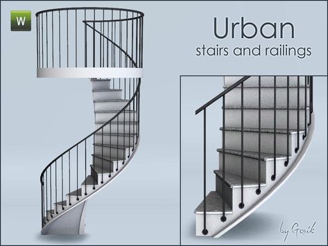 Gosik's Urban spiral stairs and railings Industrial Staircase, Staircase Railing, Sims 3 Cc Finds, Cc Furniture, Sims 4 Clutter, Sims 4 House Building, Sims Ideas, Sims 4 Teen, Spiral Stairs