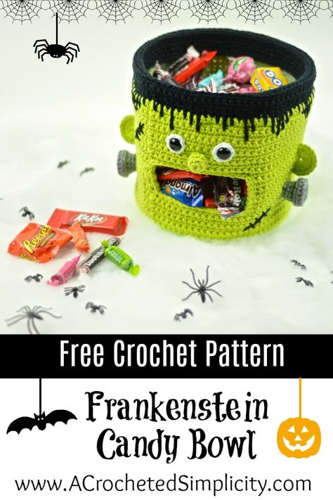 Free Crochet Pattern - Frankenstein Candy Bowl by A Crocheted Simplicity  #freecrochetpattern #crochetfrankenstein #crochethalloweenbowl #hallowendish #candybowl #candydish #halloweencandybowl #crochet Halloween Candy Bowl, Crochet Monsters, Diy Halloween Decor, Halloween Crochet Patterns, Crochet Fall, Holiday Crochet, Candy Bowl, Halloween Crochet, Free Halloween