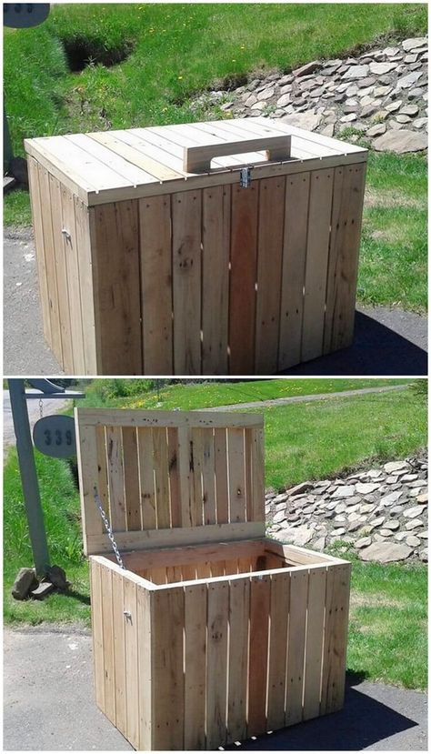 35 Unique Ways to Recycle Old Wooden Pallets | Pallet Wood Projects Diy Trash Can Storage Outdoor Pallets, Trash Can Storage Outdoor Pallets, Diy Pallet Garbage Can Storage Outdoor, Pallet Trash Can Holder, Pallet Recycling Storage, Pallet Garbage Can Screen, Wood Design Ideas, Simple Wood Projects, Trash Storage