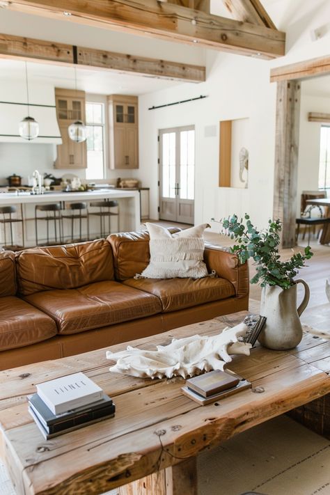 Modern Farmhouse Living Room And Kitchen, Natural Farmhouse Living Room, Rustic Modern Living Room Apartment, Morden Farmhouse Living Room Ideas, Cozy Brown Couch Living Room, Cozy Living Room With Leather Sofa, Modern Country Chic Living Room, Rustic Living Room Leather Couch, Modern Farmhouse Leather Couch