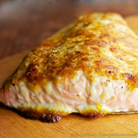 Oven Roasted Salmon with Parmesan-Mayo Crust Oven Roasted Salmon, Crusted Salmon, Parmesan Crusted, White Fish, Roasted Salmon, Think Food, Sea Bass, Coastal Christmas, Oven Roast