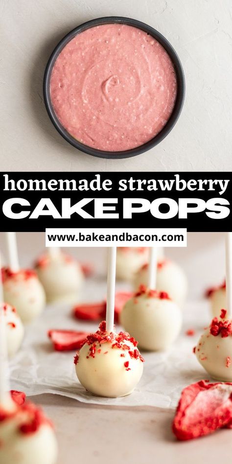 These Strawberry Cake Pops are made completely from scratch with a sweet strawberry cake and rich strawberry buttercream, mixed together and rolled into perfect bite-sized cake pops! Simple Cake Pop Recipe, Gourmet Cake Pops, Cake Pops Strawberry, Strawberry Cheesecake Cake Pops, Valentines Cake Pops Recipe, Strawberry Shortcake Cake Pops, Strawberry Cakepop Recipes, Strawberry Cake Pops Recipe, Strawberry Cake Pops Recipe Easy