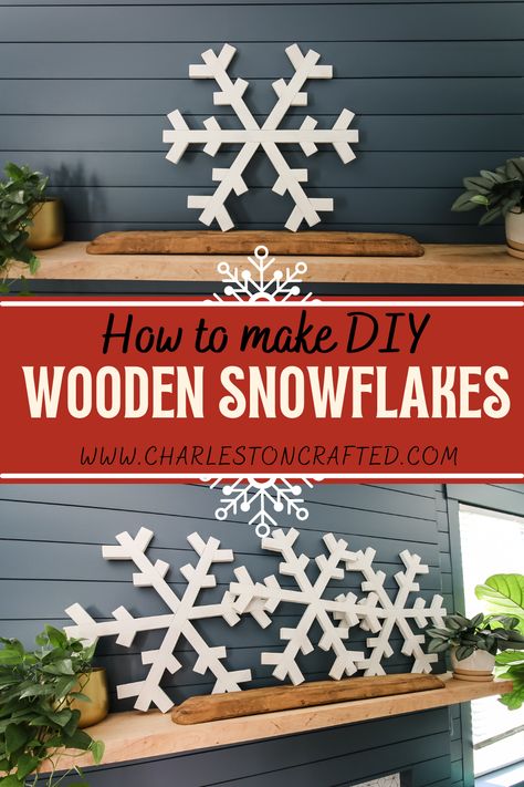 How To Make Wooden Snowflakes, Wooden Snowflakes Diy How To Make, Wood Snowflake Ornaments Diy, Lath Board Projects, Snowflake Wood Crafts, Large Wooden Snowflakes Diy, Diy Wooden Snowflake, Winter Wall Decor Diy, Wood Snowflake Diy