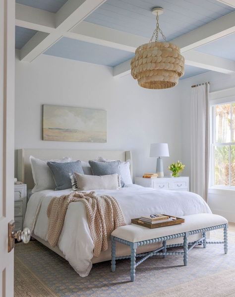 Coastal ceiling ideas Coffered blue and white beams @nestingplaceinteriors Aquamarine Bedroom, Natural Wood Shiplap, Coastal Ceiling, Wood Shiplap, Exposed Beams Ceiling, Sleeping Nook, Accent Ceiling, Shiplap Wood, Coastal Cottage Style