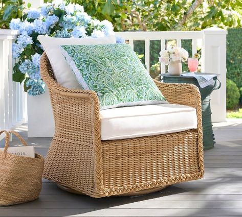 Outdoor Chairs & Ottomans | Pottery Barn Rattan Swivel Chair, Beach House Exteriors, Southern Porch, Hydrangea Cottage, Exterior Landscaping, Roof Tops, Swivel Lounge Chair, Deck Decor, Sunroom Ideas