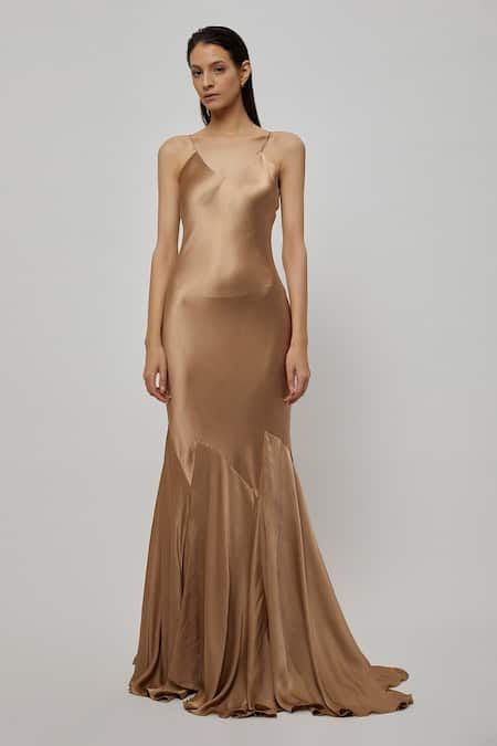 Buy Brown Satin V Neck Strappy Gown For Women by Deme by Gabriella Online at Aza Fashions. Brown Gown, Strappy Gown, Fitted Gowns, Satin Bodycon Dress, Gown For Women, Brown Satin, Ladies Gown, Satin Color, Dress Satin