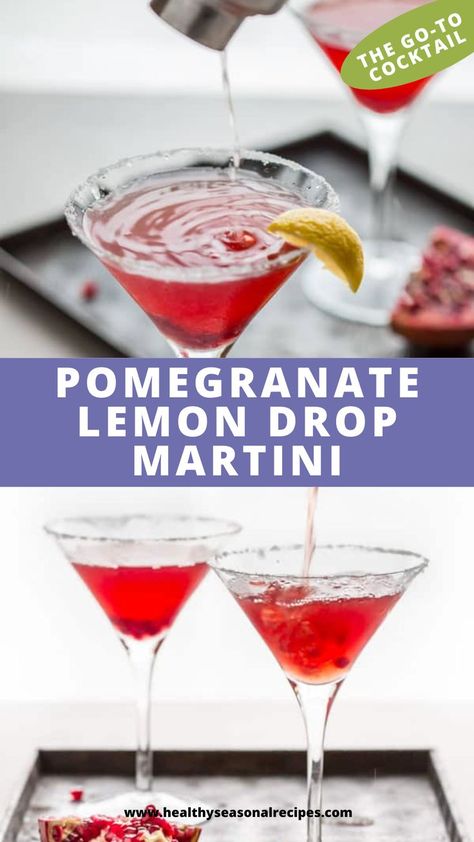 This Pomegranate Lemon Drop Martini is a festive cocktail for the holiday season. It only takes 5 minutes to whip up. If you like classic lemon drop cocktails, you’ll love this fun new ruby red pomegranate variation! It is the perfect way to sit back, relax and celebrate the holiday season! Caramel Apple Shots, Lemon Drop Martini Recipe, Pomegranate Cocktail Recipes, Pomegranate Cocktail, Lemon Martini, Pomegranate Vodka, Pomegranate Cocktails, Lemon Drop Cocktail, Flavored Liquor