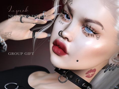 The Sims 4 Cc Neck Tattoo, Sims Neck Tattoo, Ts4 Face Tattoo, Sims 4 Neck Tattoo, Sims 4 Cc Heart Face Tattoo, Kiss Tattoos, Group Gifts, Second Life, Matching Profile Pictures