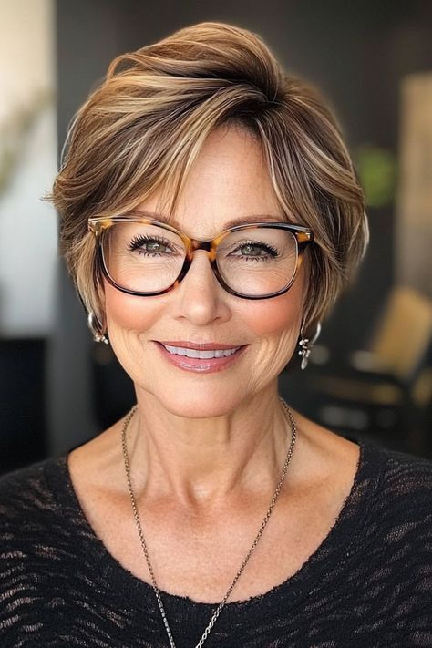 19 Gorgeous Short Haircuts For Women Over 60 with Glasses Short Haircut With Glasses, Haircut For People With Glasses, Wavy Hair And Glasses, Haircuts For Women With Glasses, Hairstyle For Glasses Wearers, Hairstyles For Glasses Wearers, Short Hair Style For Women Over 60 With Glasses, Parted Bangs, Textured Pixie Cut