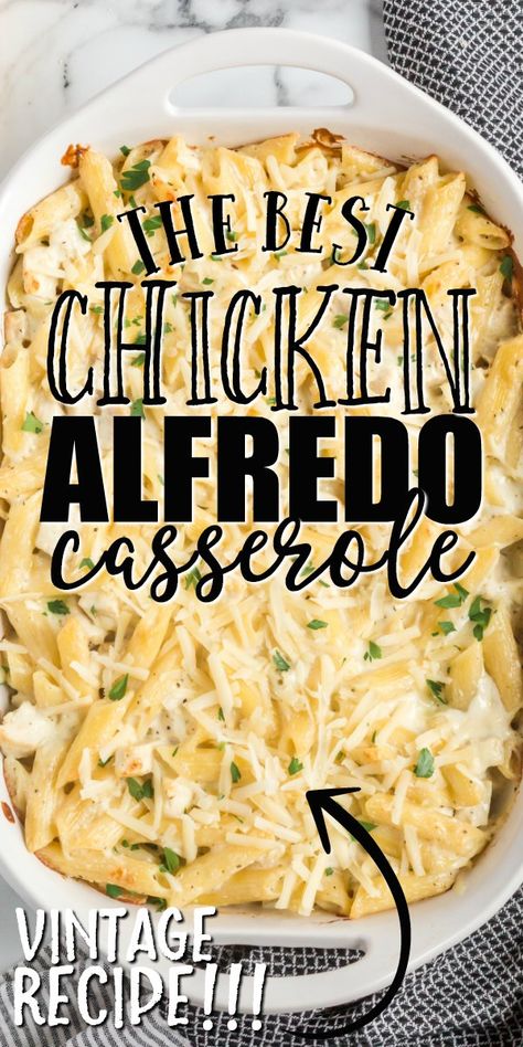 This homemade chicken alfredo bake is a great twist on traditional chicken alfredo. Penne pasta combines with a creamy sauce to make the ultimate comfort food. It's packed with tender chicken breast and lots of melted cheese goodness. The whole mix is baked in a casserole dish to create a one-pan meal that is perfect for busy weeknights. Chicken Alfredo Shredded Chicken, Cheesy Chicken Pasta Bake Recipes, Loaded Chicken Alfredo Casserole, Chicken Pasta Recipes With Veggies, Chicken And Half And Half Recipes, Three Cheese Chicken Alfredo Bake, Alfredo Casserole Recipes Chicken, Cheesy Chicken Alfredo Casserole, One Pan Chicken Alfredo Pasta Bake