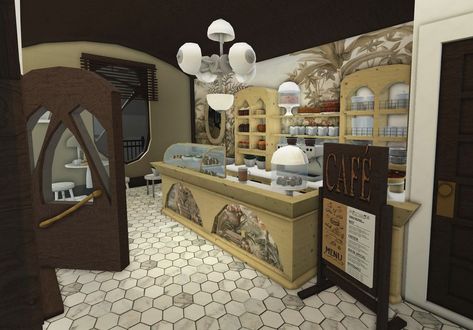 Bloxburg Bakery Ideas Inside, Bloxburg Art Studio, Bloxburg Cafe Interior, Holloween Town, Bakery Bloxburg, Bloxburg City, Bloxburg Town, Blox Burg, Bloxburg Houses