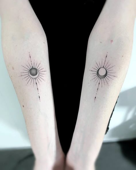 15 Stunning Sun and Moon Tattoo Ideas to Inspire Your Next Ink Sun And Moon Tattoo Geometric, Moon In The Sun Tattoo, Sun Moon Bff Tattoos, Moon To Sun Tattoo, Sun To Moon Tattoo, Moon And Sun Friend Tattoo, Couple Tattoo Sun And Moon, Sun Friendship Tattoo, Moon Sun Tattoo Couple