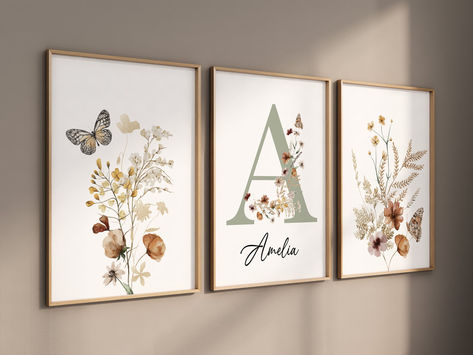 Wildflowers Prints, boho nursery, Girl Nursery Decor, flower nursery, vintage flower nursery print, name sign, girl bedroom, botanical print Vintage Flower Nursery, Boho Nursery Girl, Nursery Vintage, Nursery Floral, Basket Gifts, Nursery Girl, Girl Nursery Decor, Botanical Print Set, Flower Nursery