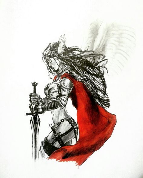 Female Worrier Tattoo, Angel Warrior Tattoo Female, Valkyrie Art Drawings, Valkyrie Tattoo Woman Female Warriors, Women Warrior Tattoo, Woman Warrior Tattoo Goddesses, Valkyrie Sketch, Valkyrie Drawing, Warrior Woman Tattoo