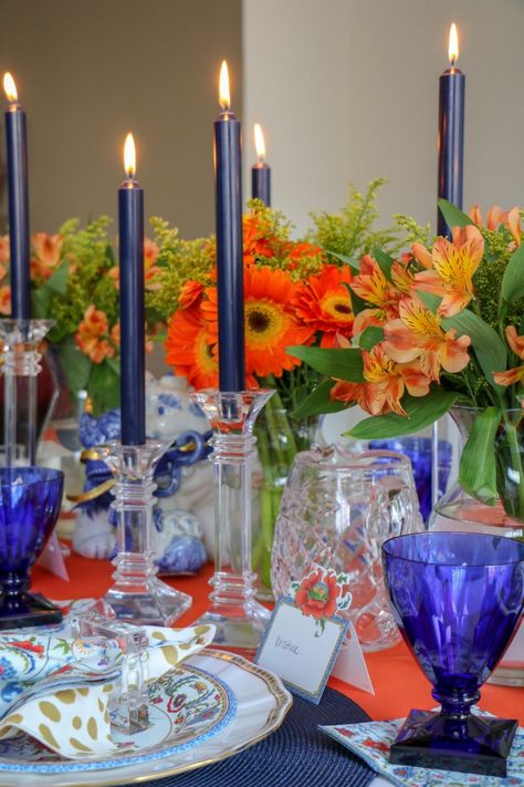 Blue And Orange Fall Decor, Blue Thanksgiving Table, Orange Fall Decor, Blue Thanksgiving, Blue Fall Decor, Fall Decor Bedroom, Fall Dinner Party, Linen Dinner Napkins, Orange Table